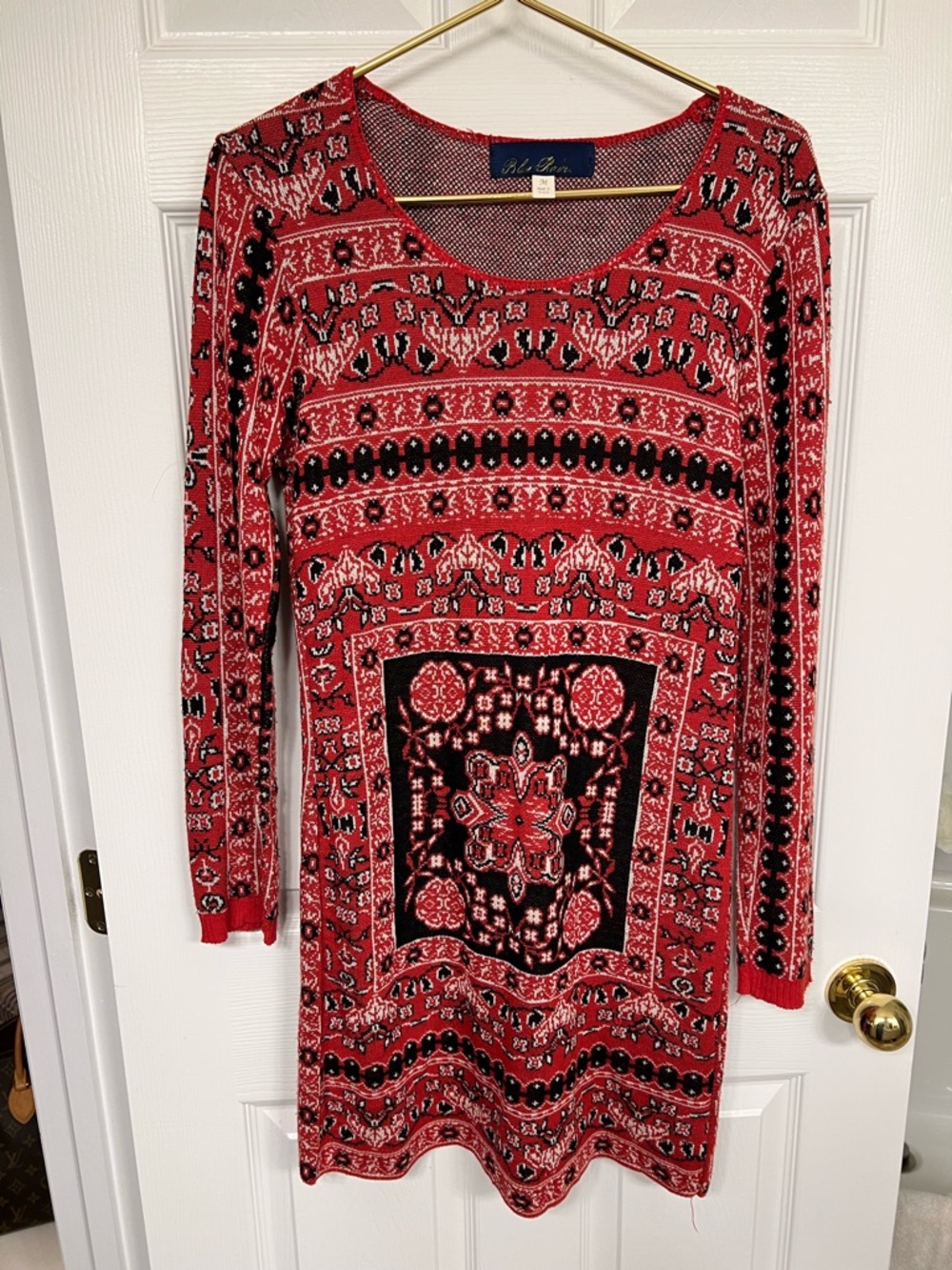 Blue Rain Red Black Patterned Long Sleeve Dress